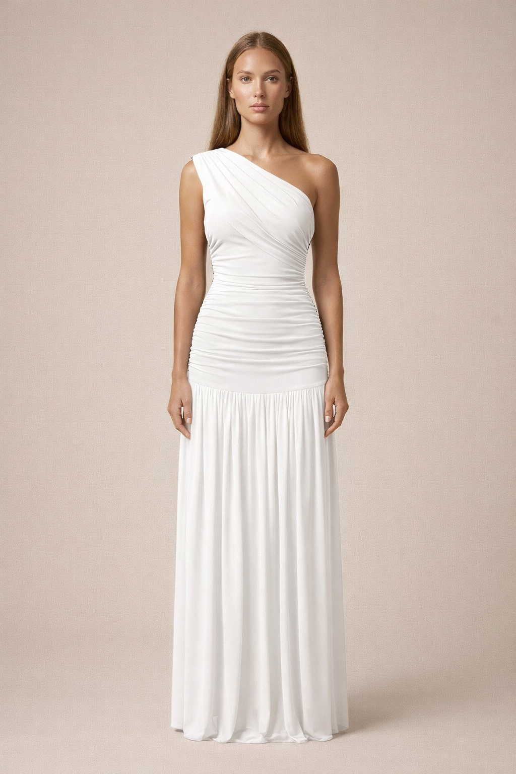 Vestido Largo Asimétrico – Corte Esculpido y Caída Elegante