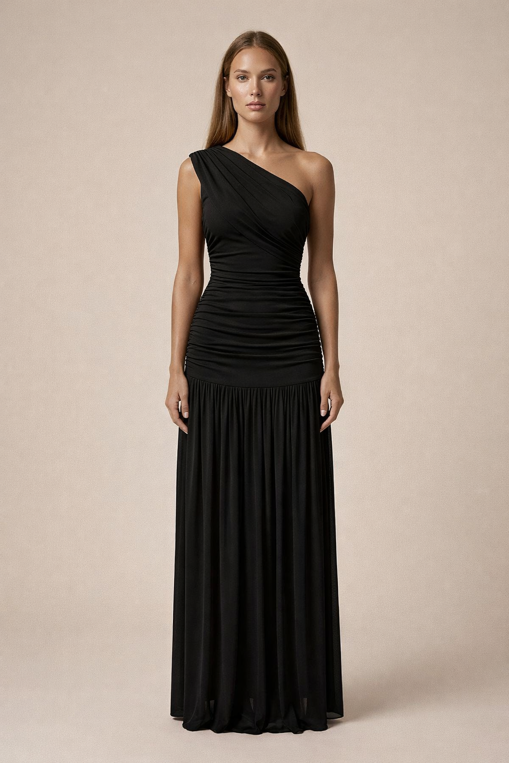 Vestido Largo Asimétrico – Corte Esculpido y Caída Elegante