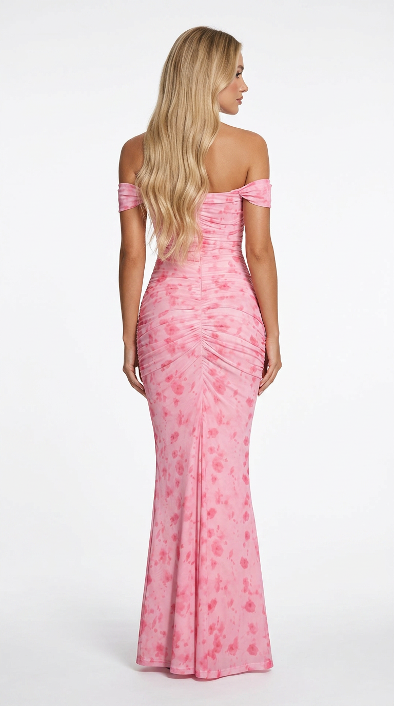 Vestido Largo Rosa Floral Off Shoulder Elegante