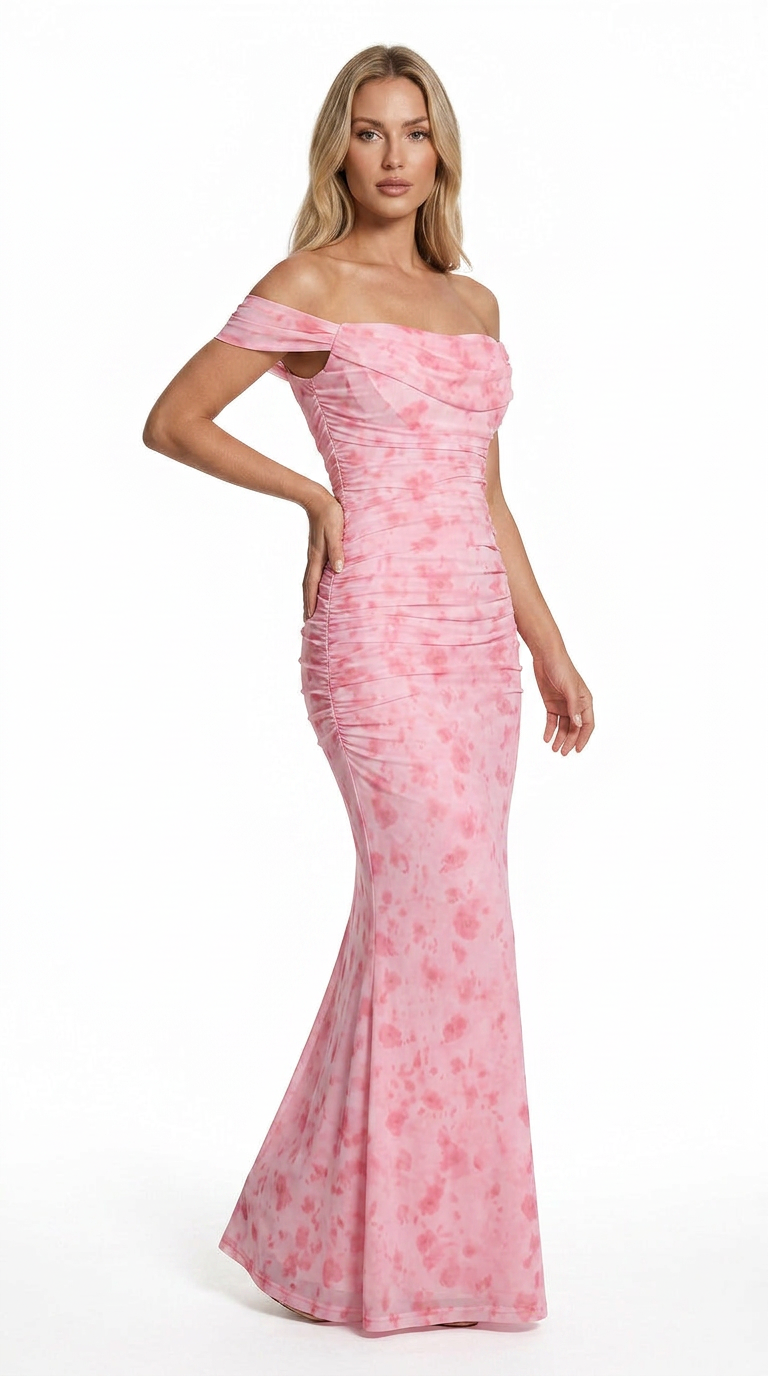 Vestido Largo Rosa Floral Off Shoulder Elegante