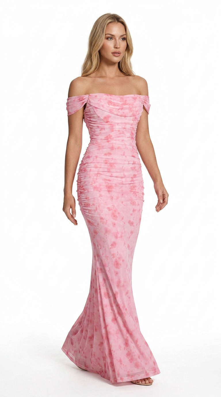 Vestido Largo Rosa Floral Off Shoulder Elegante