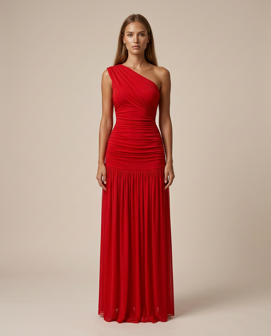 Vestido Largo Asimétrico – Corte Esculpido y Caída Elegante